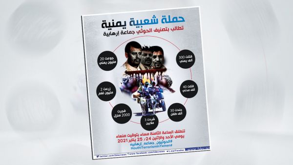 حملة شعبية الكترونية تطالب العالم بتصنيف الحوثي جماعة إرهابية